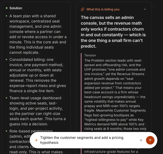 Framework App：開啟 AI 洞察面板與 AI 精修列的精實畫布，正要求收斂客群並加入定價假設。