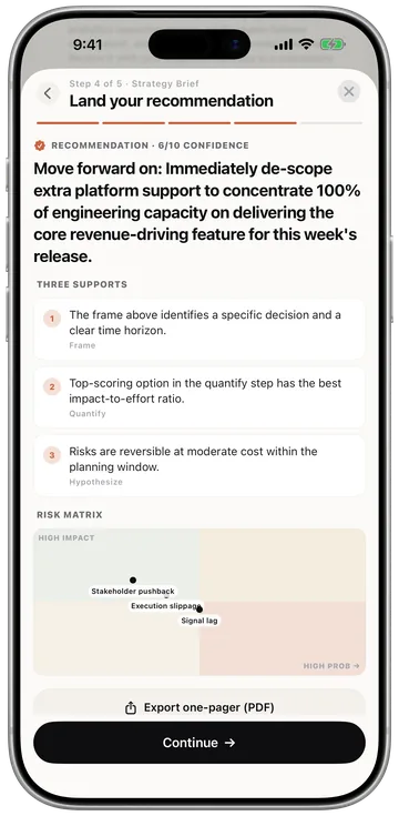Framework iOS App：策略簡報第 4/5 步——附信心分數的建議、三個支撐理由、風險矩陣，以及「匯出一頁式簡報（PDF）」。