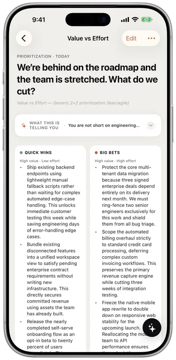 iPhone 版 Framework App：「路線圖落後、團隊人力吃緊，該砍什麼？」的價值 vs 投入畫布（Quick Wins 與 Big Bets）。